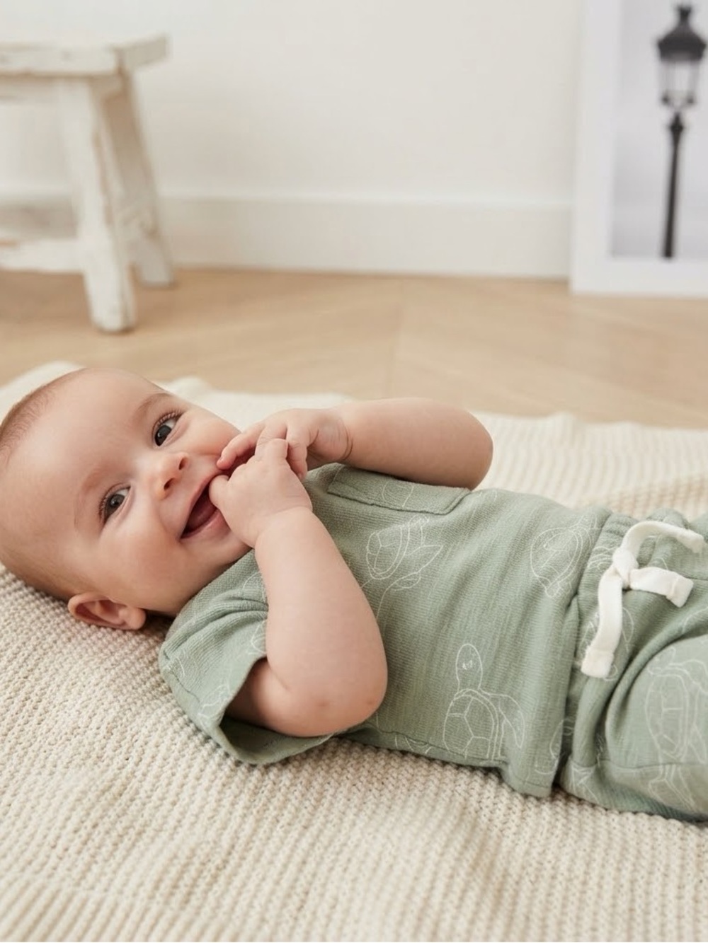 Little Planet Organic Sage Green Printed Turtles T-Shirt + Pull On Shorts